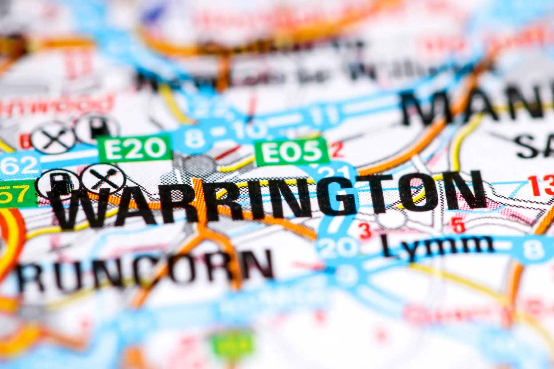 Road map showing Warrington, Runcorn, Lymm and Newton-le-Willows